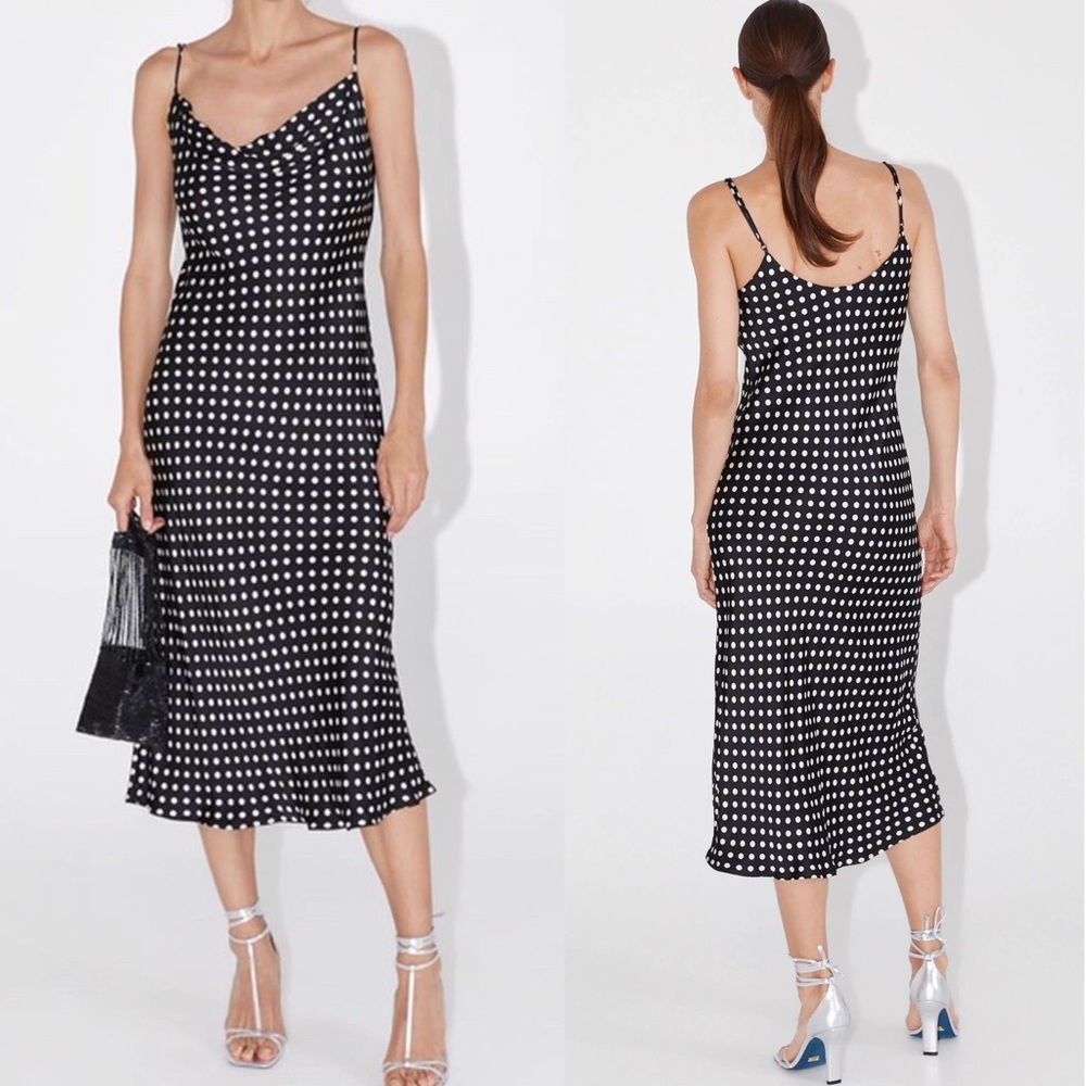 ZARA Cowl Neck Polka Dot Midi Slip Dress